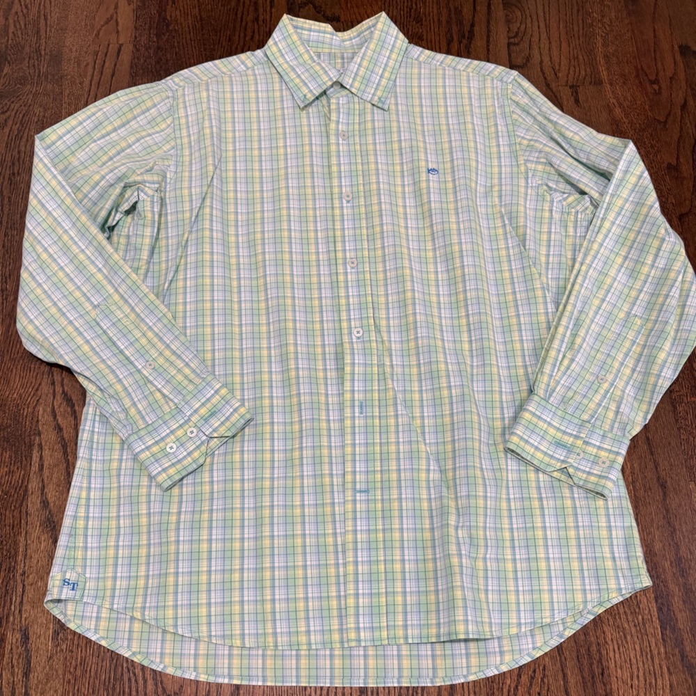 Green, Yellow, Blue Plaid Button-Up Shirt